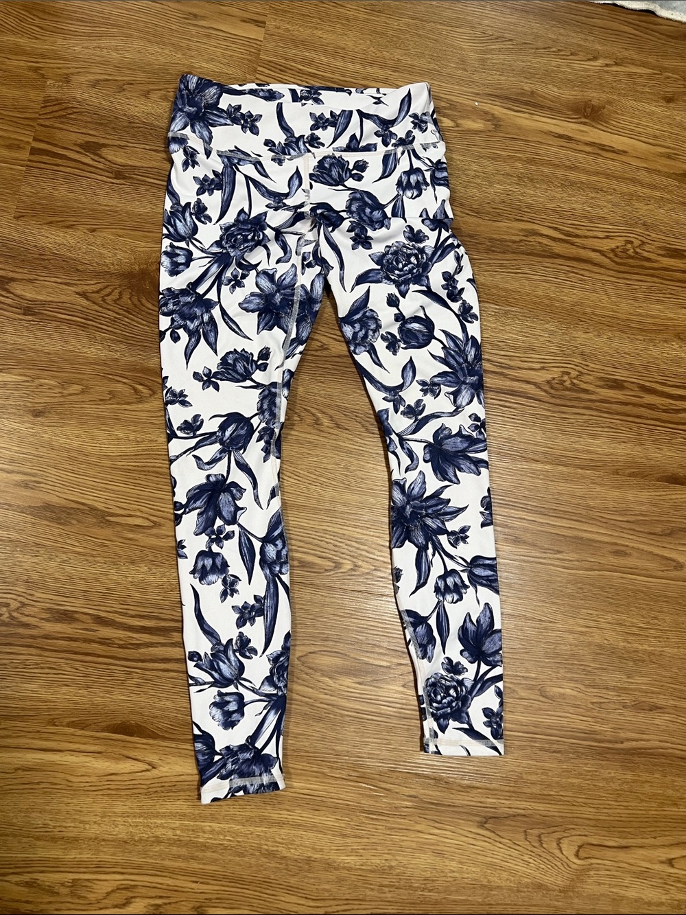 Fabletics White Leggings with Navy Floral Print